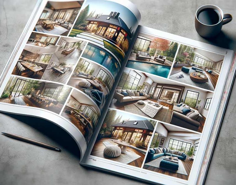 In einem Lichtschein auf einem grauen Steintisch liegt ein Print-Immobilienexposé, aufgeschlagen ist eine Seite mit einer Fotogalerie der Immobilie | Immobilienexposé