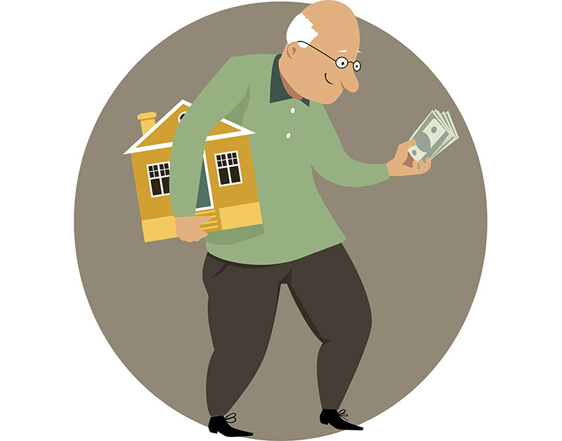 Eine Illustration: In einem grauen Kreis steht ein alter Mann, unter dem rechten Arm hält er eine Immobilie, in der linken Hand ein Bündel Geldscheine - ein Symbolbild für den Wert der Immobilie als Altersvorsorge | Wohnen im Alter