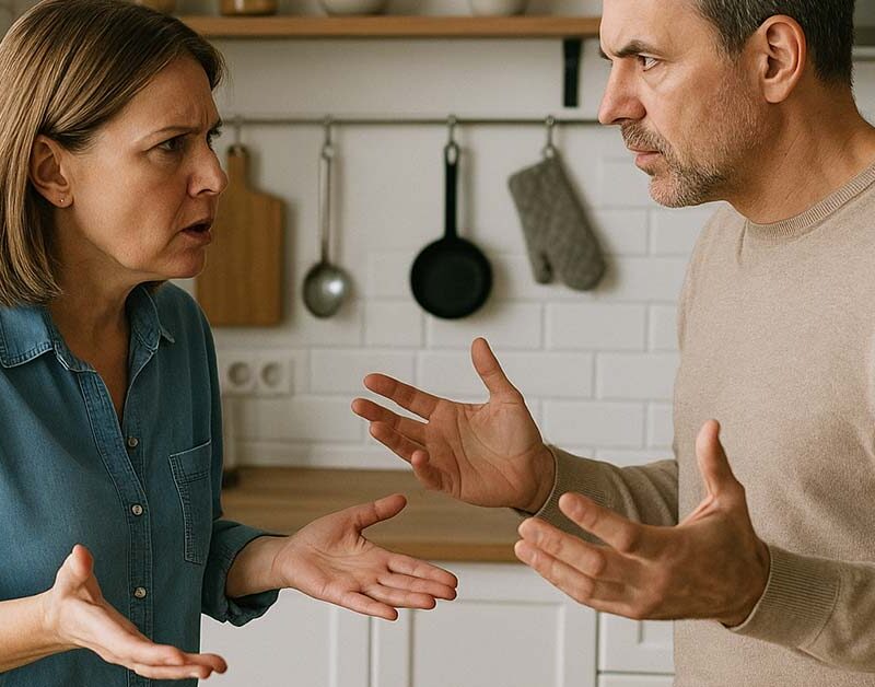 Ein Paar in der Scheidung streitet sich in der Küche um die gemeinsame Immobilie | Immobilie Scheidung