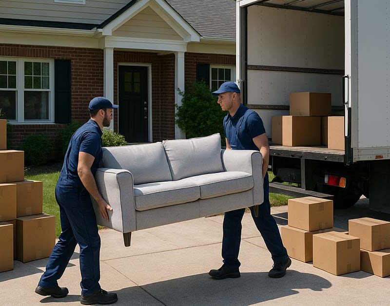 Möbelpacker tragen ein Sofa und Kartons aus dem Einfamilienhaus zum Umzugswagen, weil der Eigentümer berufsbedingt umzieht und das Haus verkauft | Immobilienverkauf