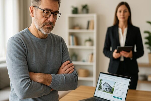 Ein Mann und eine Maklerin. Der mann versucht eine Entscheidung zu finden