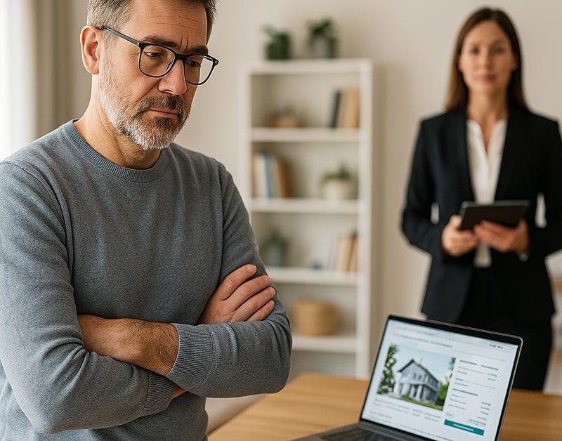 Ein Mann und eine Maklerin. Der mann versucht eine Entscheidung zu finden