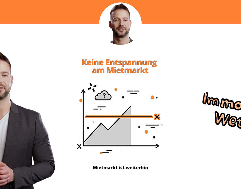 Standbild aus dem Video: Grafische Darstellung mit stilisierter Stadtsilhouette und Wohnhäusern unter einem wechselhaften Himmel, darüber eingeblendeter Titel „Immobilien-Wetter“. Immobilienmarkt