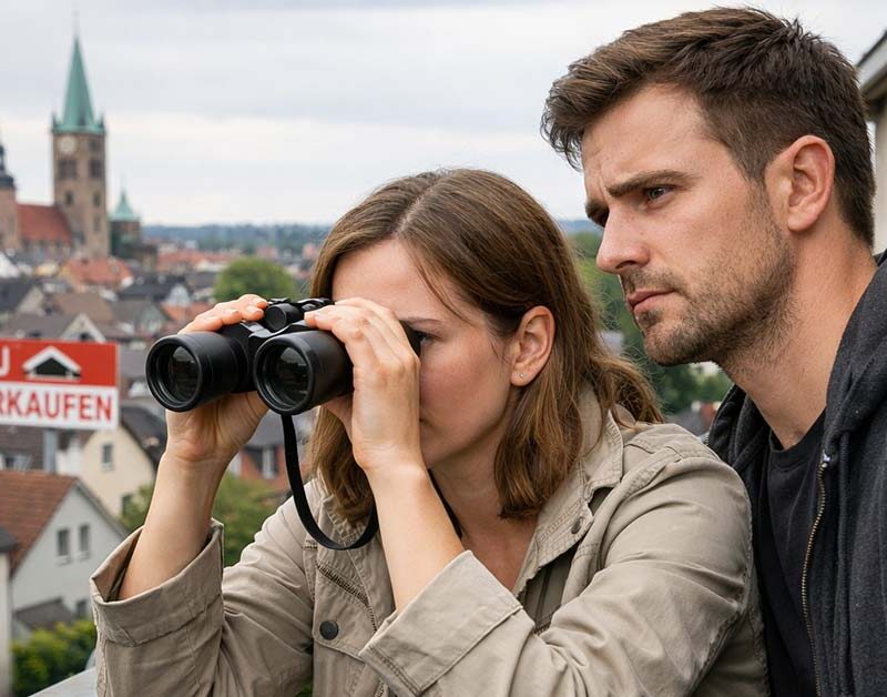 Paar steht auf einem Balkon und blickt mit einem Fernglas über die Stadt, während im Hintergrund ein „Zu verkaufen“-Schild zu sehen ist – symbolisch für die gezielte Immobiliensuche in einem umkämpften Markt. | Immobiliensuche
