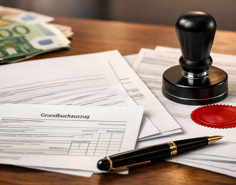 Realistische, hochwertige Fotomontage für ein Immobilien-Beitragsbild: Auf einem Schreibtisch liegen ein Immobilienkaufvertrag, ein Grundbuchauszug und mehrere offizielle Dokumente. Daneben ein Notarstempel mit rotem Siegelabdruck, ein Füller und dezente Euro-Scheine im Hintergrund. Das Motiv wirkt seriös, modern und professionell, mit warmem Licht und unscharfem Hintergrund. Thema: Kaufnebenkosten beim Immobilienkauf, Notar- und Grundbuchkosten. Kein Text im Bild, geeignet als Titelbild für einen Ratgeberartikel. | Immobilienkauf