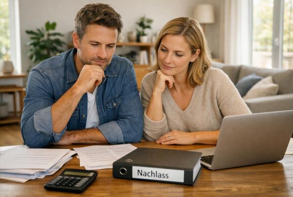 Symapthisches Paar Mitte 30 bis Anfang 40, das an einem Holztisch in einem hellen, modern eingerichteten Wohnzimmer sitzt. Vor ihnen liegen geordnete Unterlagen, ein Ordner mit der Aufschrift ‚Nachlass‘, ein Taschenrechner und ein Laptop. Beide wirken konzentriert und nachdenklich. Erbimmobilie