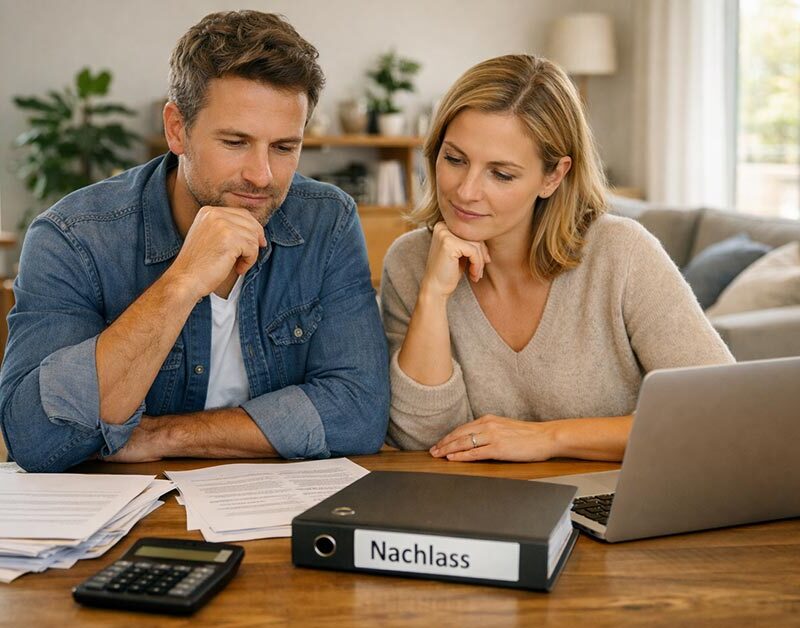 Symapthisches Paar Mitte 30 bis Anfang 40, das an einem Holztisch in einem hellen, modern eingerichteten Wohnzimmer sitzt. Vor ihnen liegen geordnete Unterlagen, ein Ordner mit der Aufschrift ‚Nachlass‘, ein Taschenrechner und ein Laptop. Beide wirken konzentriert und nachdenklich. Erbimmobilie