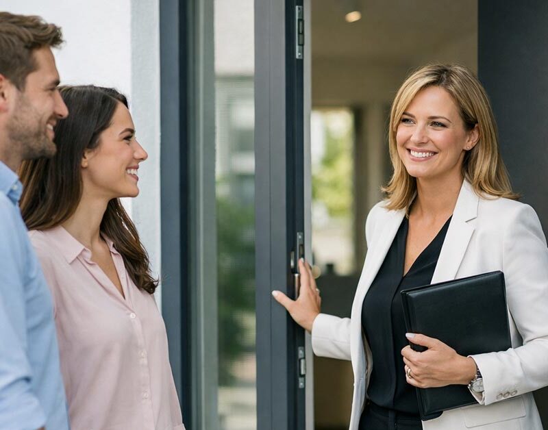 Immobilienmaklerin öffnet die Haustür eines modernen Hauses für ein junges Paar - Symbolbild für Makleralleinauftrag | Makleralleinauftrag