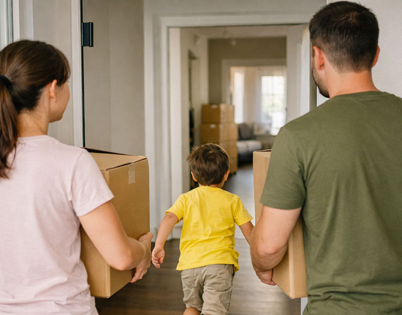 Eine glückliche junge Familie trägt volle Umzugskartons in die neue Wohnung. Sie gehen durch die Haustür ins Haus. Die Familie ist nur von hinten zu sehen. Das Kind rennt spielerisch vor den Eltern ins Haus. Förderung Familien