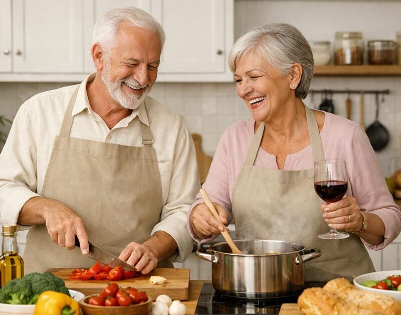 Älteres Paar kocht gemeinsam in einer hellen Küche – Sinnbild für selbstbestimmtes, altersgerechtes Wohnen im eigenen Zuhause oder in einer barrierefreien Immobilie | Barrierfreier Umbau