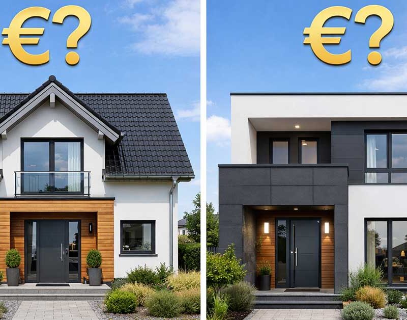 Ein Foto von von 2 zeitgemäßen Einfamilienhäusern in Deutschland. Über den Häusern steht jeweils ein Euro-Zeichen und ein Fragezeichen - als Symbolbild für Immobilienbewertung mit dem Vergleichswertverfahren. | Vergleichswertverfahren