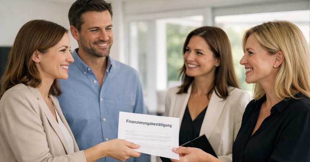 Ein sympathisches Kaufinteressentenpaar überreicht der Eigentümerin eine Finanzierungsbestätigung der Bank, die diese entgegennimmt. Die Maklerin und die Eigentümerin stehen ihnen gegenüber und reagieren freundlich | Immobilienkauf Finanzierungsbestätigung