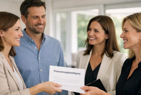 Ein sympathisches Kaufinteressentenpaar überreicht der Eigentümerin eine Finanzierungsbestätigung der Bank, die diese entgegennimmt. Die Maklerin und die Eigentümerin stehen ihnen gegenüber und reagieren freundlich | Immobilienkauf Finanzierungsbestätigung