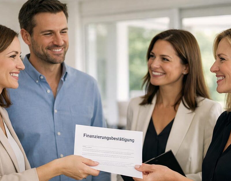 Ein sympathisches Kaufinteressentenpaar überreicht der Eigentümerin eine Finanzierungsbestätigung der Bank, die diese entgegennimmt. Die Maklerin und die Eigentümerin stehen ihnen gegenüber und reagieren freundlich | Immobilienkauf Finanzierungsbestätigung