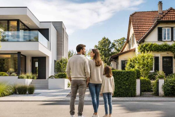 Familie steht vor einem modernen Neubau und einem klassischen Bestandsgebäude – Symbolbild für die Entscheidung zwischen Neubau oder Bestandsimmobilie. | Immobilienkauf