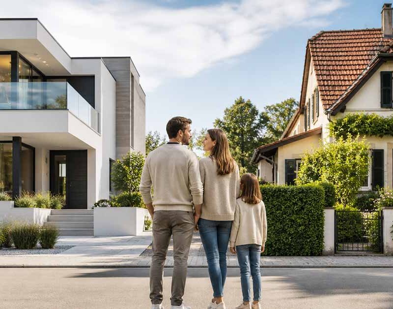 Familie steht vor einem modernen Neubau und einem klassischen Bestandsgebäude – Symbolbild für die Entscheidung zwischen Neubau oder Bestandsimmobilie. | Immobilienkauf
