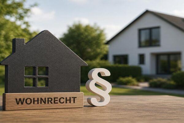 Haus-Symbol mit Schriftzug „Wohnrecht“ und Paragrafenzeichen vor Wohnhaus – Symbolbild für den Immobilienverkauf mit Wohnrecht. I Verkauf mit Wohnrecht