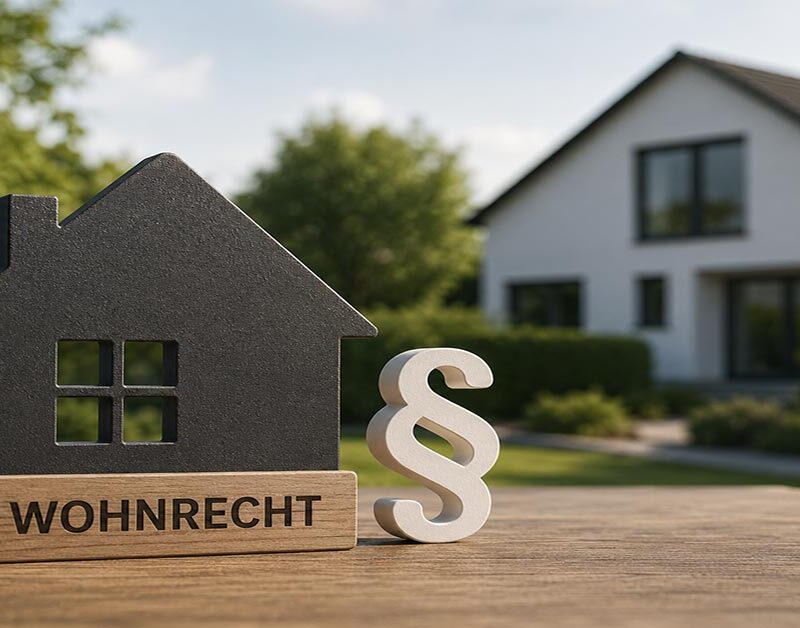 Haus-Symbol mit Schriftzug „Wohnrecht“ und Paragrafenzeichen vor Wohnhaus – Symbolbild für den Immobilienverkauf mit Wohnrecht. I Verkauf mit Wohnrecht