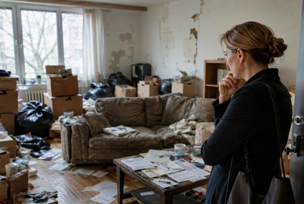 Vermieterin steht nachdenklich in einer stark verwahrlosten Wohnung mit Kartons, Müll und Schäden – Symbolbild für Mietnomaden und Vermietungsrisiken. | Immobilienvermietung