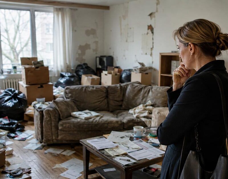 Vermieterin steht nachdenklich in einer stark verwahrlosten Wohnung mit Kartons, Müll und Schäden – Symbolbild für Mietnomaden und Vermietungsrisiken. | Immobilienvermietung