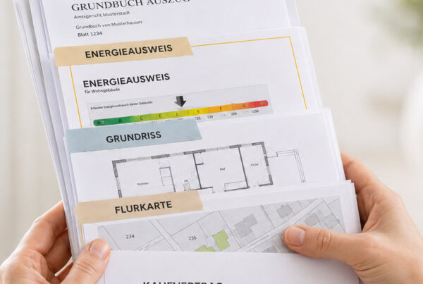 Hände halten sortierte Immobilienunterlagen wie Energieausweis, Grundriss, Flurkarte und Grundbuchauszug für den Immobilienverkauf. I Dokumente Immobilienverkauf