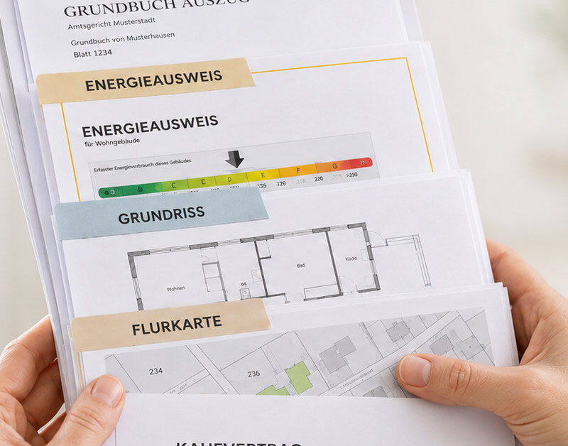 Hände halten sortierte Immobilienunterlagen wie Energieausweis, Grundriss, Flurkarte und Grundbuchauszug für den Immobilienverkauf. I Dokumente Immobilienverkauf