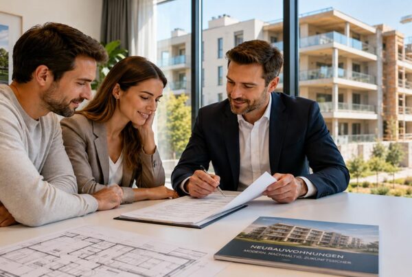 Paar lässt sich von einem Immobilienberater zum Kauf einer Neubauwohnung vom Bauträger beraten, im Hintergrund sind moderne Wohngebäude und eine Baustelle zu sehen. I Kauf vom Bauträger