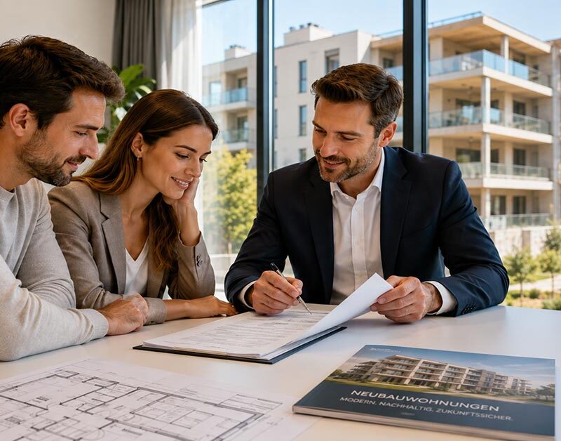 Paar lässt sich von einem Immobilienberater zum Kauf einer Neubauwohnung vom Bauträger beraten, im Hintergrund sind moderne Wohngebäude und eine Baustelle zu sehen. I Kauf vom Bauträger