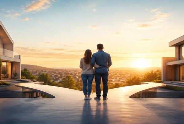 Zwischenfinanzierung beim Immobilienkauf: Ein Paar blickt auf eine moderne Wohnlandschaft mit zwei Häusern und symbolisiert den Übergang zwischen bestehender und neuer Immobilie. I Zwischenfinanzierung