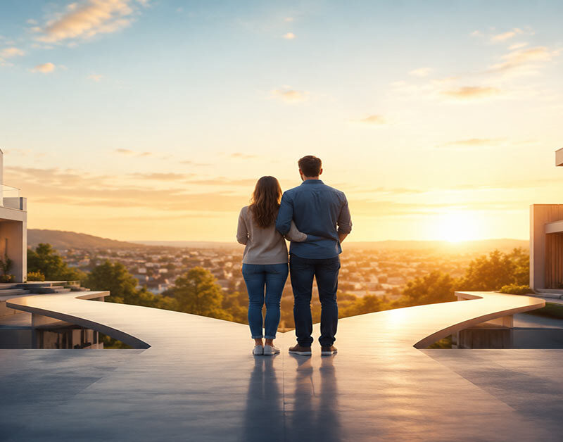 Zwischenfinanzierung beim Immobilienkauf: Ein Paar blickt auf eine moderne Wohnlandschaft mit zwei Häusern und symbolisiert den Übergang zwischen bestehender und neuer Immobilie. I Zwischenfinanzierung