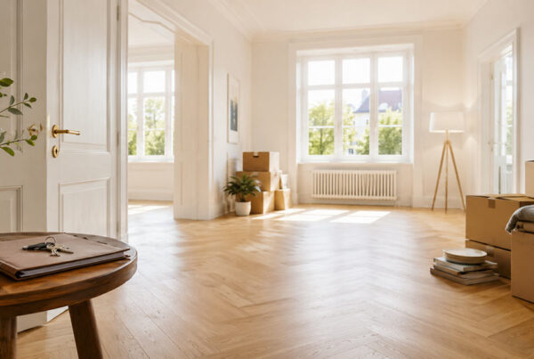 Helle leergeräumte Wohnung nach einer Haushaltsauflösung im Zuge einer Erbschaft mit Umzugskartons und persönlichen Gegenständen zur Vorbereitung auf den Immobilienverkauf. I Haushaltsauflösung nach Erbschaft