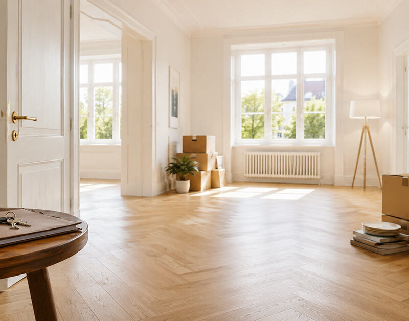 Helle leergeräumte Wohnung nach einer Haushaltsauflösung im Zuge einer Erbschaft mit Umzugskartons und persönlichen Gegenständen zur Vorbereitung auf den Immobilienverkauf. I Haushaltsauflösung nach Erbschaft