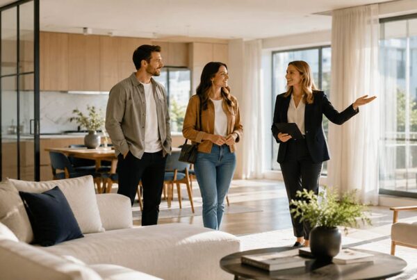 Eine Immobilienmaklerin führt ein interessiertes Paar durch eine moderne, helle Wohnung und erklärt während der Besichtigung die Räume. I Besichtigungsmanagement