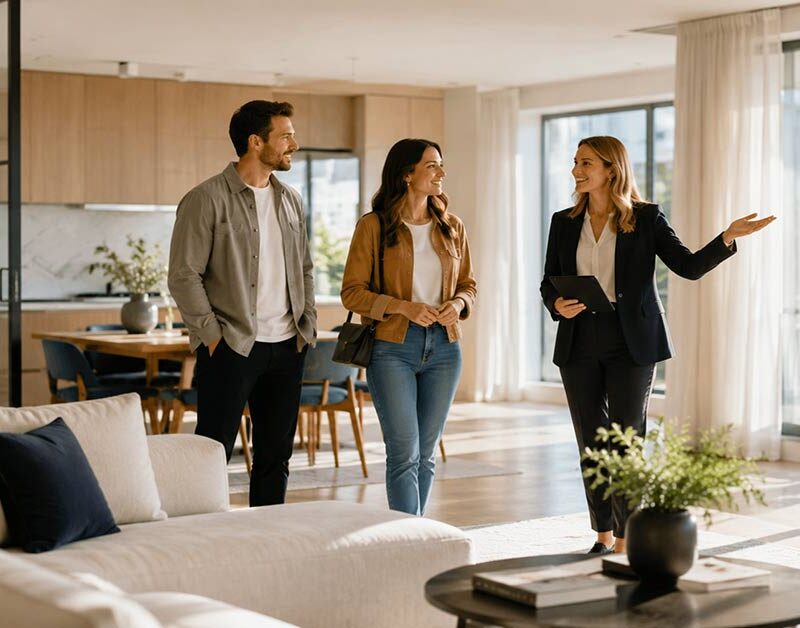 Eine Immobilienmaklerin führt ein interessiertes Paar durch eine moderne, helle Wohnung und erklärt während der Besichtigung die Räume. I Besichtigungsmanagement