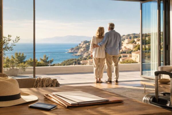 Älteres Paar blickt aus einem modernen Ferienhaus auf das Meer; Koffer, Reisepass und Unterlagen symbolisieren den Lebensabend im Ausland. I Lebensabend im Ausland