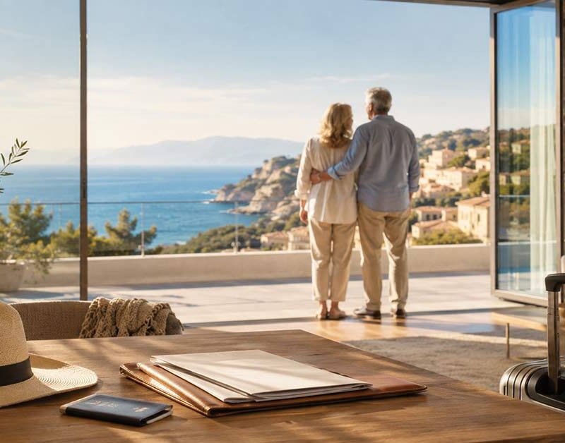 Älteres Paar blickt aus einem modernen Ferienhaus auf das Meer; Koffer, Reisepass und Unterlagen symbolisieren den Lebensabend im Ausland. I Lebensabend im Ausland