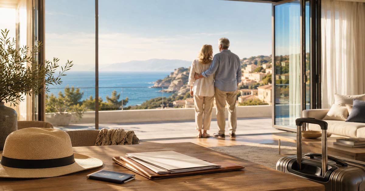 Älteres Paar blickt aus einem modernen Ferienhaus auf das Meer; Koffer, Reisepass und Unterlagen symbolisieren den Lebensabend im Ausland. I Lebensabend im Ausland