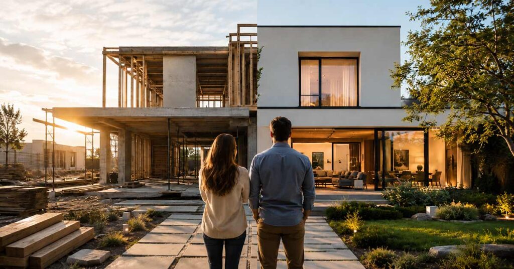 Ein Paar steht vor einem modernen Einfamilienhaus, dessen eine Hälfte noch im Bau und dessen andere Hälfte bereits fertiggestellt ist – als Symbol für die Entscheidung zwischen dem Bau und dem Kauf einer Immobilie.