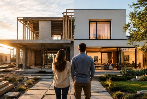 Ein Paar steht vor einem modernen Einfamilienhaus, dessen eine Hälfte noch im Bau und dessen andere Hälfte bereits fertiggestellt ist – als Symbol für die Entscheidung zwischen dem Bau und dem Kauf einer Immobilie.