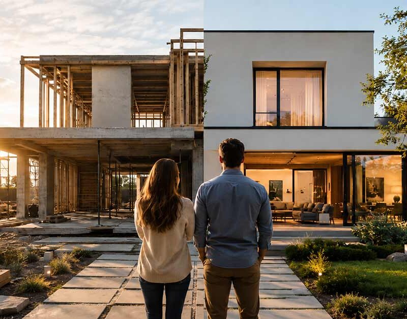 Ein Paar steht vor einem modernen Einfamilienhaus, dessen eine Hälfte noch im Bau und dessen andere Hälfte bereits fertiggestellt ist – als Symbol für die Entscheidung zwischen dem Bau und dem Kauf einer Immobilie.