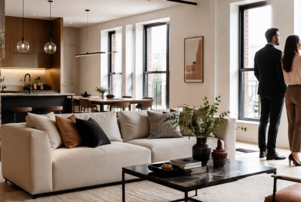 Modernisiertes Wohnzimmer mit offener Küche und einem Paar am Fenster – Symbolbild zum Thema Fix & Flip, bei dem Immobilien gekauft, renoviert und anschließend weiterverkauft werden.