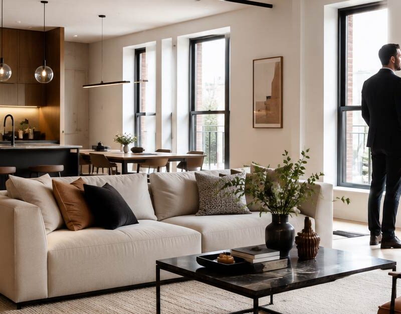 Modernisiertes Wohnzimmer mit offener Küche und einem Paar am Fenster – Symbolbild zum Thema Fix & Flip, bei dem Immobilien gekauft, renoviert und anschließend weiterverkauft werden.