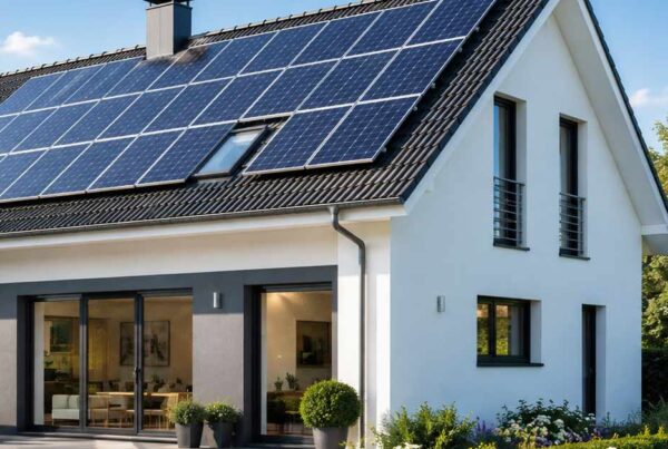 Modernes Einfamilienhaus mit großflächiger Photovoltaikanlage auf dem Dach, die zur Energieeffizienz und Wertsteigerung der Immobilie beitragen kann.