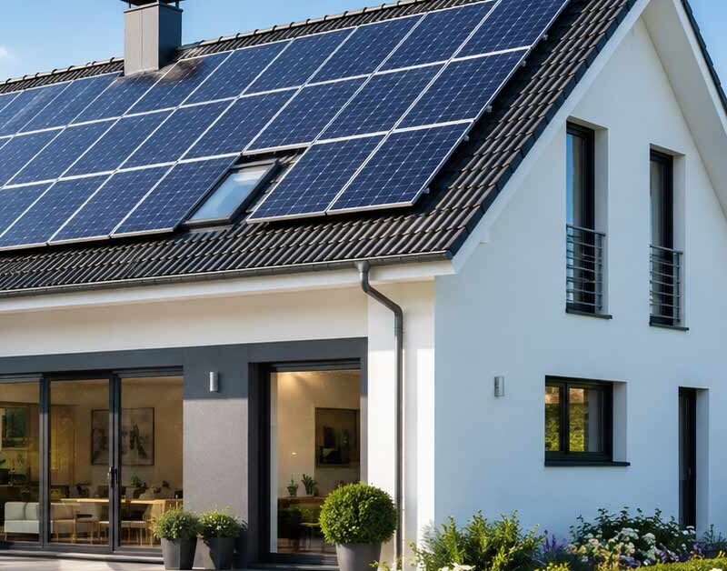 Modernes Einfamilienhaus mit großflächiger Photovoltaikanlage auf dem Dach, die zur Energieeffizienz und Wertsteigerung der Immobilie beitragen kann.