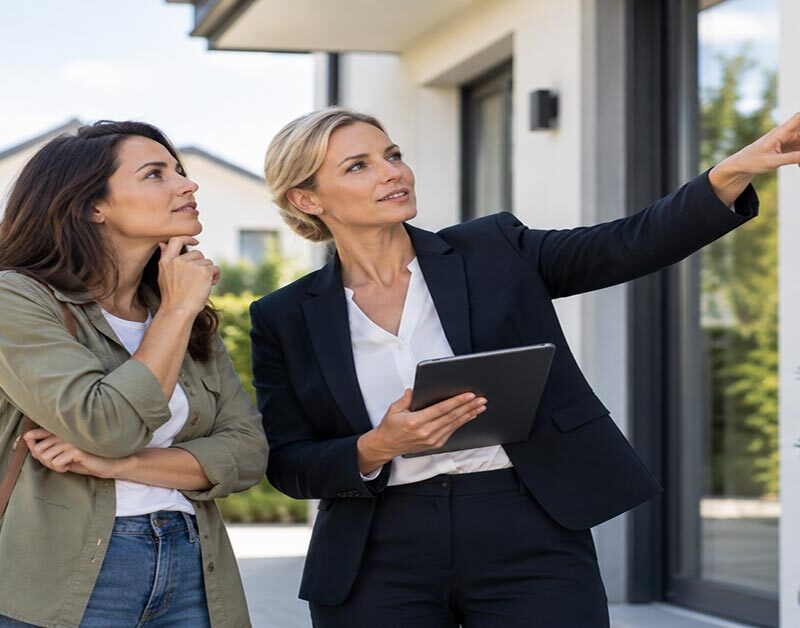Interessentin bei einer Hausbesichtigung mit Immobilienmaklerin, die Details am Gebäude erklärt.