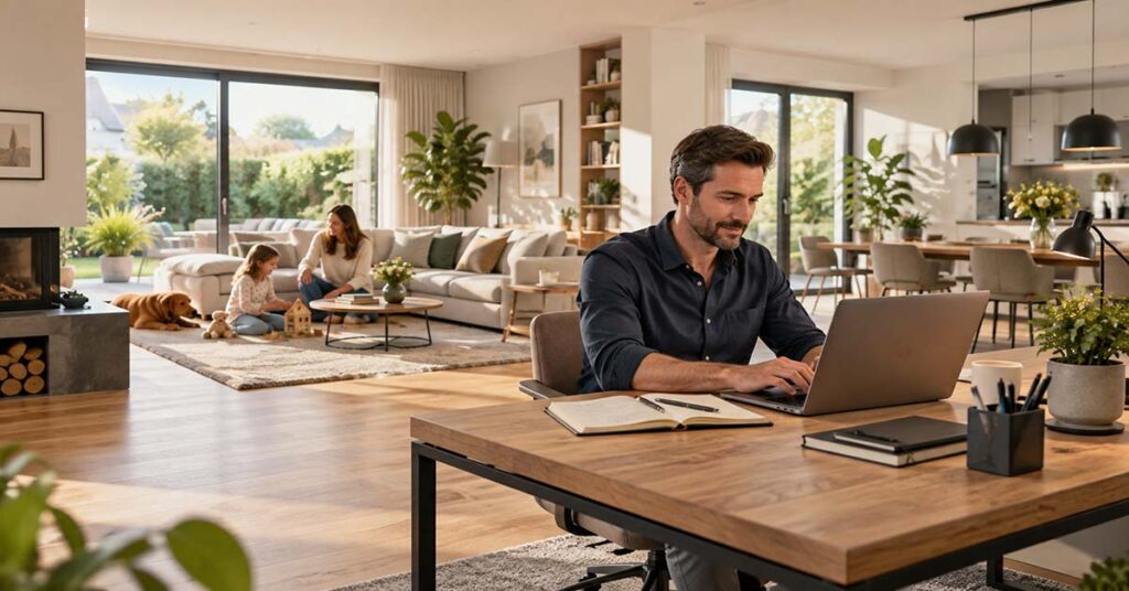 Ein Mann arbeitet im Homeoffice an einem Laptop, während sich im Hintergrund eine Frau und ein Kind im hellen Wohnbereich aufhalten.
