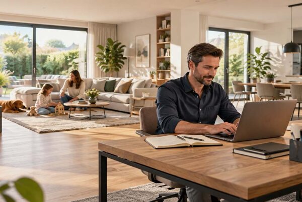 Ein Mann arbeitet im Homeoffice an einem Laptop, während sich im Hintergrund eine Frau und ein Kind im hellen Wohnbereich aufhalten.