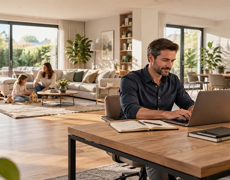 Ein Mann arbeitet im Homeoffice an einem Laptop, während sich im Hintergrund eine Frau und ein Kind im hellen Wohnbereich aufhalten.