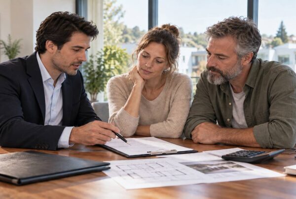 Paar im Beratungsgespräch mit einem Immobilienberater über Unterlagen zum Hauskauf und passenden Versicherungen.