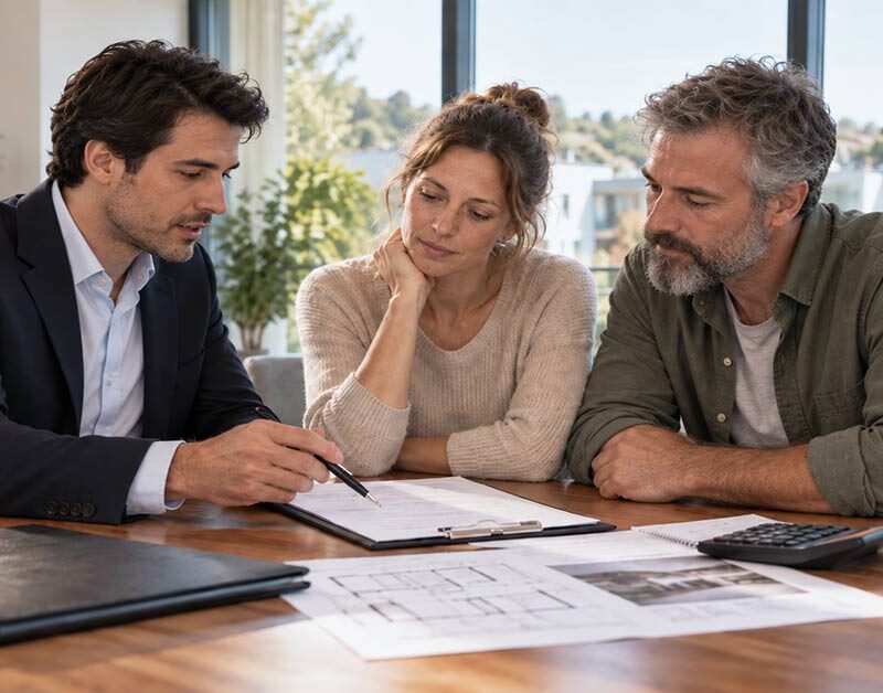 Paar im Beratungsgespräch mit einem Immobilienberater über Unterlagen zum Hauskauf und passenden Versicherungen.